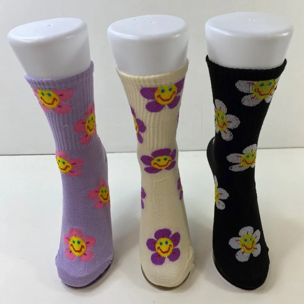 3-Pack Smile Flower Socks Fun Colorful Crew Socks